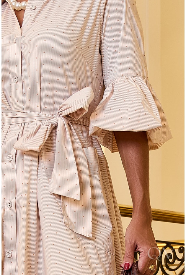 VESTIDO CHEMISE EM TRICOLINE LISTRADO BEGE - LUZIA FAZZOLLI