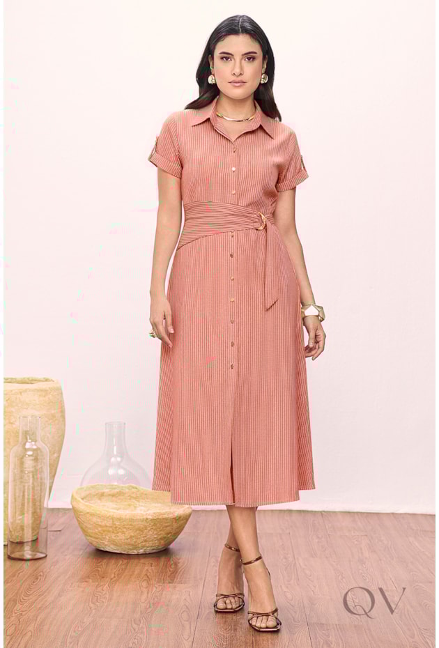 VESTIDO CHEMISE EM TRICOLINE LISTRADO VERMELHO - TITANIUM JEANS