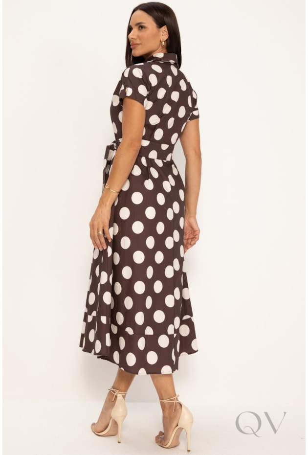 VESTIDO CHEMISE EM TRICOLINE POÁS MARROM - LEKAZIS