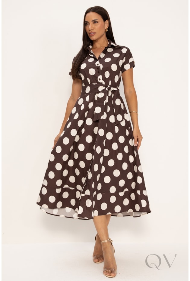 VESTIDO CHEMISE EM TRICOLINE POÁS MARROM - LEKAZIS