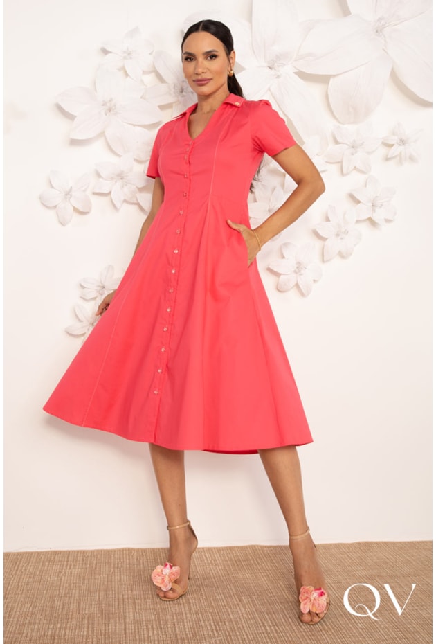 VESTIDO CHEMISE EVASÊ EM TRICOLINE CORAL - LEKAZIS