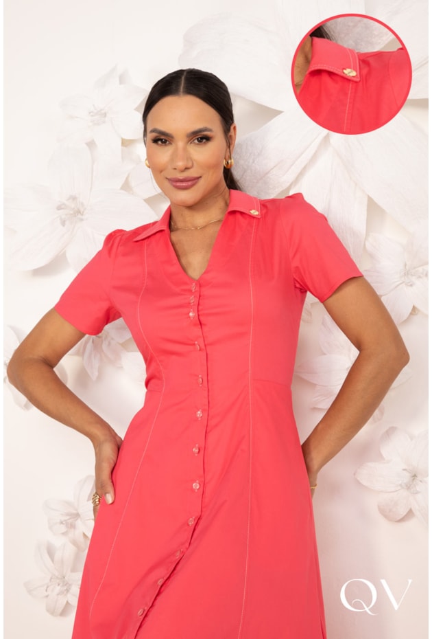 VESTIDO CHEMISE EVASÊ EM TRICOLINE CORAL - LEKAZIS