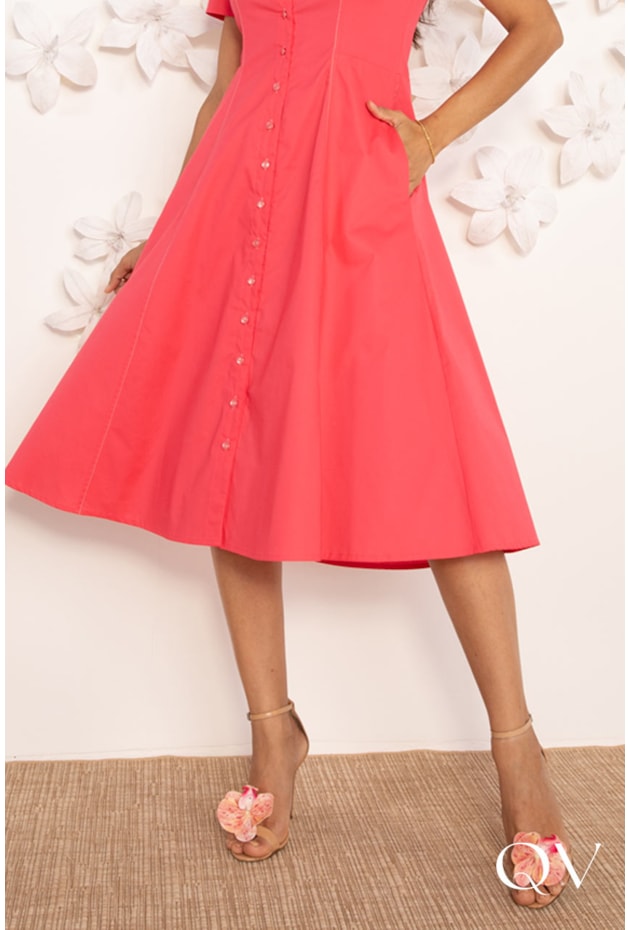 VESTIDO CHEMISE EVASÊ EM TRICOLINE CORAL - LEKAZIS