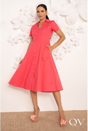 VESTIDO CHEMISE EVASÊ EM TRICOLINE CORAL - LEKAZIS