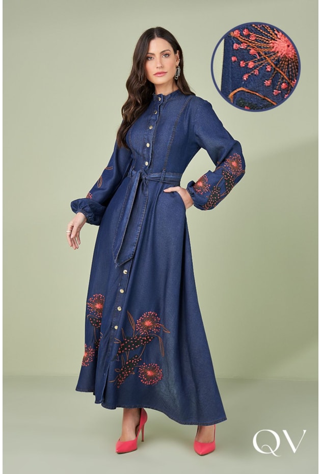 Vestido Chemise Jeans Com Bordados Titanium Jeans Moda Evangélica