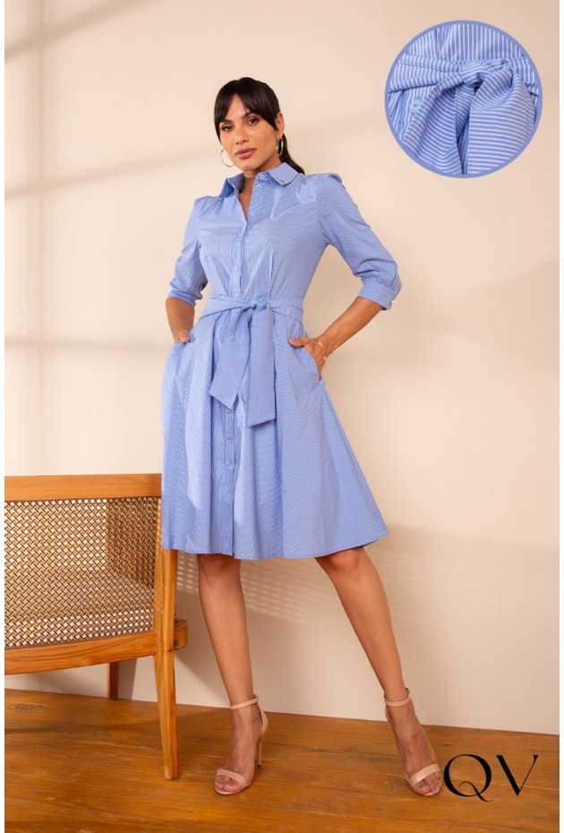Vestido Chemise Listrado Azul Lekazis QVestido Moda Executiva
