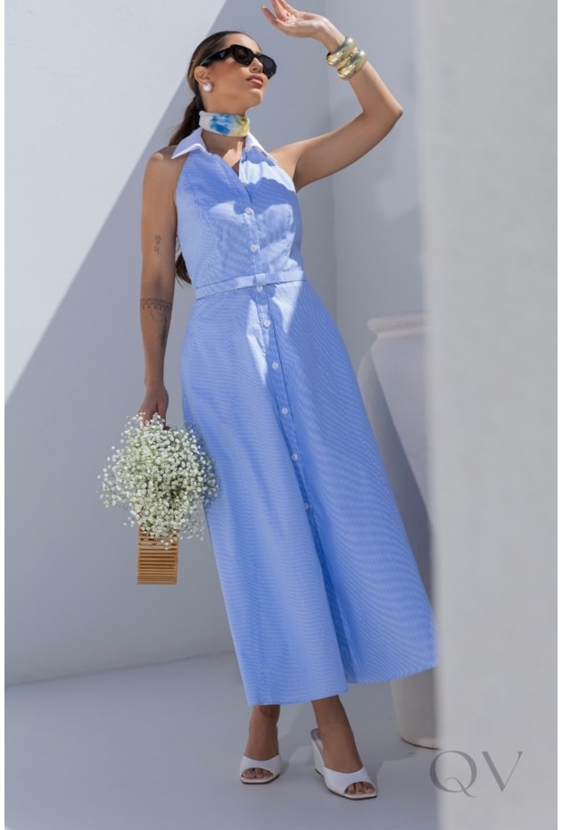 VESTIDO CHEMISE LISTRADO EM TRICOLINE AZUL - LUZIA FAZZOLLI