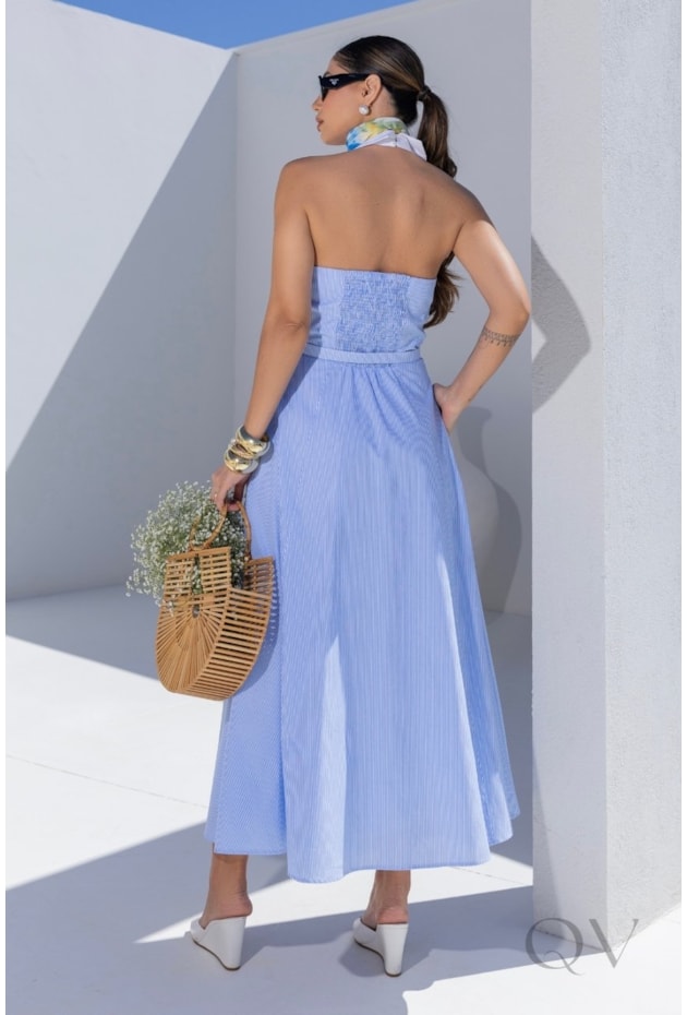 VESTIDO CHEMISE LISTRADO EM TRICOLINE AZUL - LUZIA FAZZOLLI