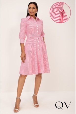 VESTIDO CHEMISE LISTRADO EM TRICOLINE ROSA E OFF WHITE - LEKAZIS