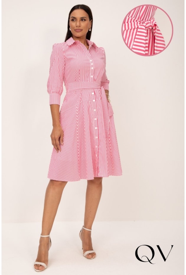 VESTIDO CHEMISE LISTRADO EM TRICOLINE ROSA E OFF WHITE - LEKAZIS