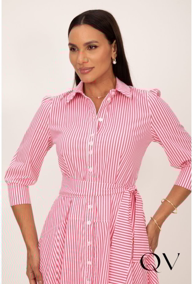 VESTIDO CHEMISE LISTRADO EM TRICOLINE ROSA E OFF WHITE - LEKAZIS