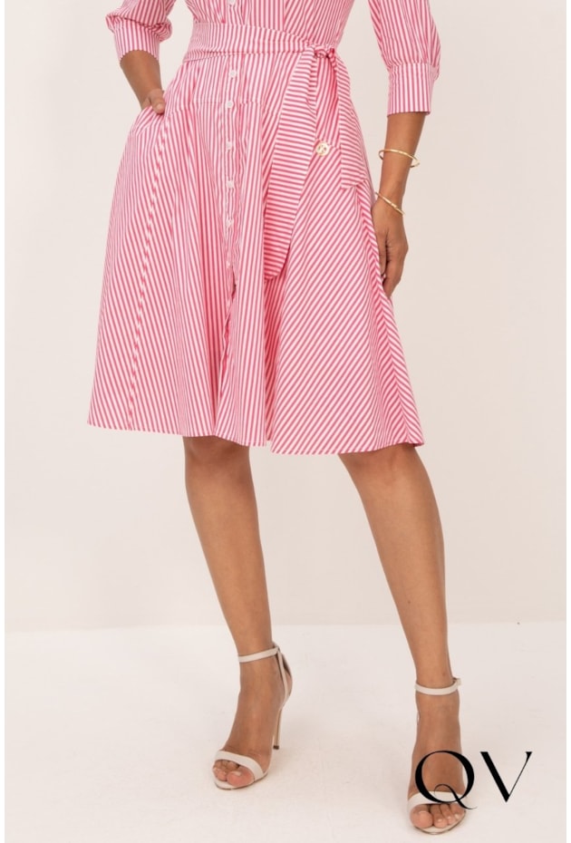VESTIDO CHEMISE LISTRADO EM TRICOLINE ROSA E OFF WHITE - LEKAZIS