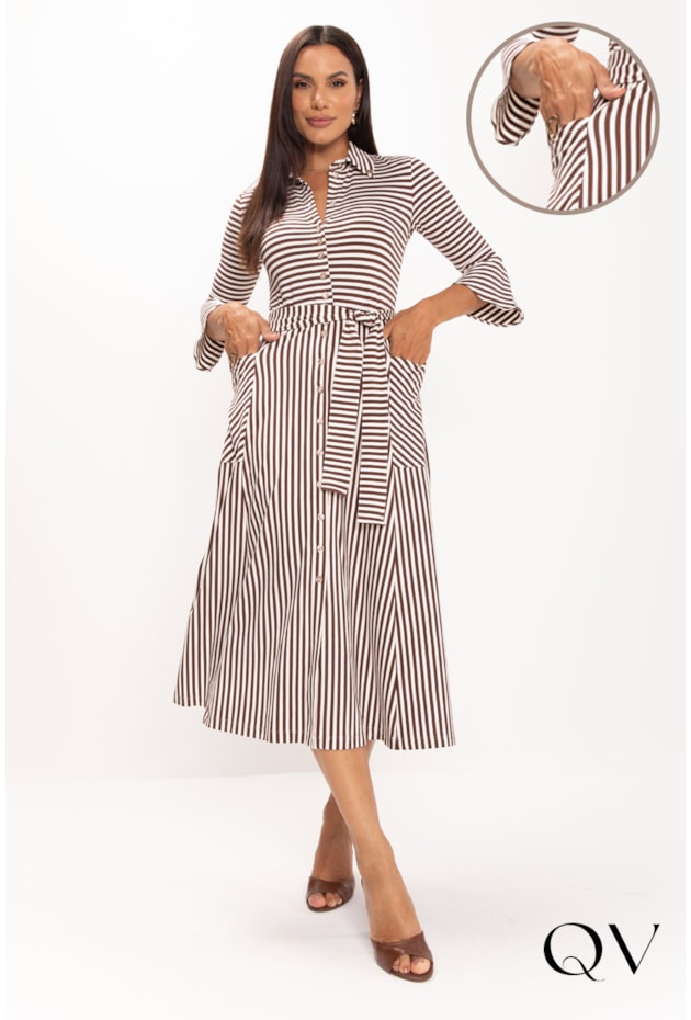 VESTIDO CHEMISE LISTRADO EM VISCOCREPE MARROM - LEKAZIS