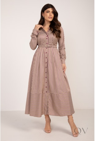 VESTIDO CHEMISE LONGO COM MANGA RAGLAN EM TRICOLINE LISTRADO - LEKAZIS