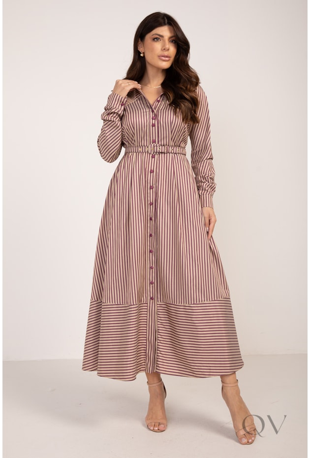 VESTIDO CHEMISE LONGO COM MANGA RAGLAN EM TRICOLINE LISTRADO - LEKAZIS