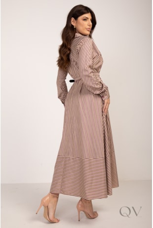 VESTIDO CHEMISE LONGO COM MANGA RAGLAN EM TRICOLINE LISTRADO - LEKAZIS