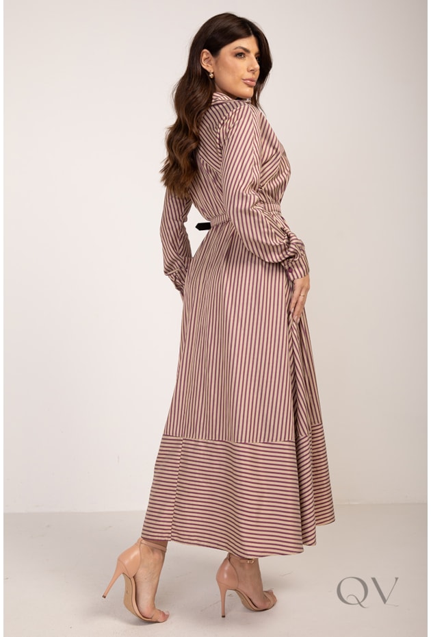 VESTIDO CHEMISE LONGO COM MANGA RAGLAN EM TRICOLINE LISTRADO - LEKAZIS