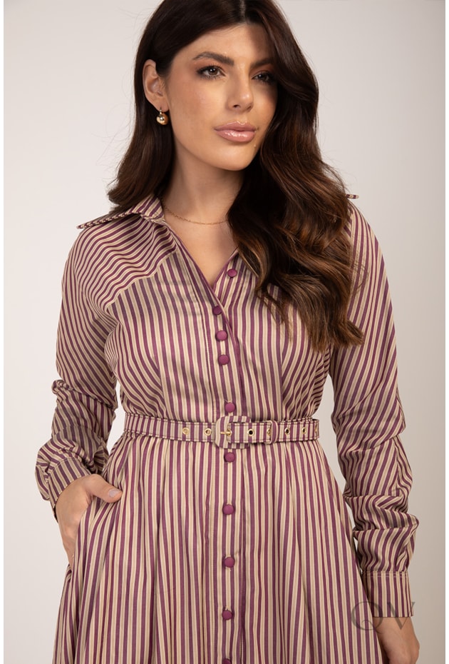 VESTIDO CHEMISE LONGO COM MANGA RAGLAN EM TRICOLINE LISTRADO - LEKAZIS