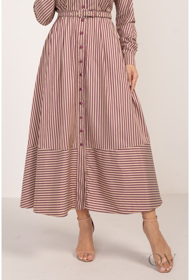 VESTIDO CHEMISE LONGO COM MANGA RAGLAN EM TRICOLINE LISTRADO - LEKAZIS