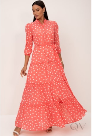 VESTIDO CHEMISE LONGO EM AVA PRINT CORAL ESTAMPA DE POÁS - LEKAZIS
