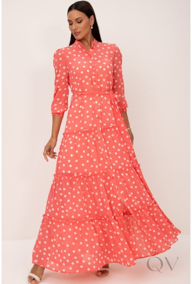 VESTIDO CHEMISE LONGO EM AVA PRINT CORAL ESTAMPA DE POÁS - LEKAZIS