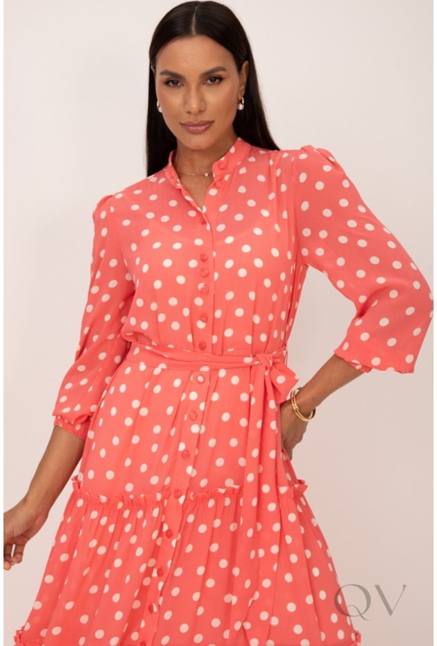VESTIDO CHEMISE LONGO EM AVA PRINT CORAL ESTAMPA DE POÁS - LEKAZIS