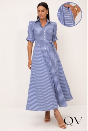 VESTIDO CHEMISE LONGO EM TRICOLINE LISTRADO AZUL - LEKAZIS