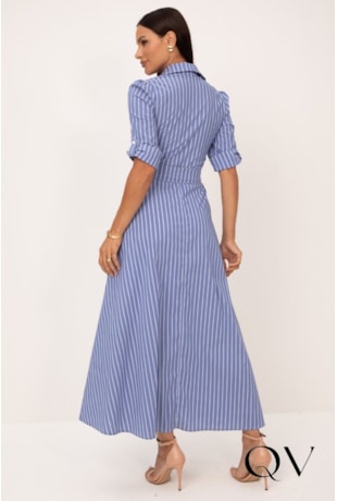 VESTIDO CHEMISE LONGO EM TRICOLINE LISTRADO AZUL - LEKAZIS