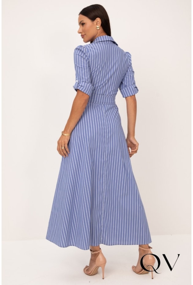 VESTIDO CHEMISE LONGO EM TRICOLINE LISTRADO AZUL - LEKAZIS