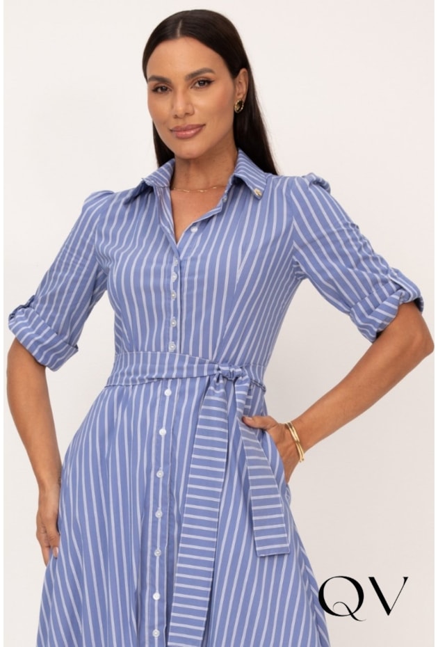 VESTIDO CHEMISE LONGO EM TRICOLINE LISTRADO AZUL - LEKAZIS