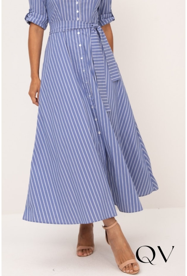 VESTIDO CHEMISE LONGO EM TRICOLINE LISTRADO AZUL - LEKAZIS