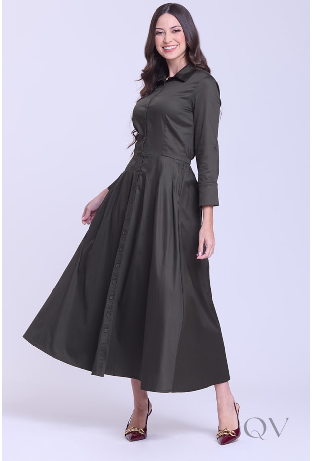 VESTIDO CHEMISE LONGO EM TRICOLINE VERDE MILITAR - HAPUK