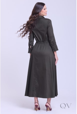 VESTIDO CHEMISE LONGO EM TRICOLINE VERDE MILITAR - HAPUK