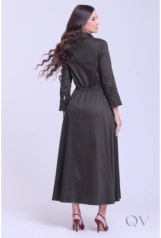 VESTIDO CHEMISE LONGO EM TRICOLINE VERDE MILITAR - HAPUK
