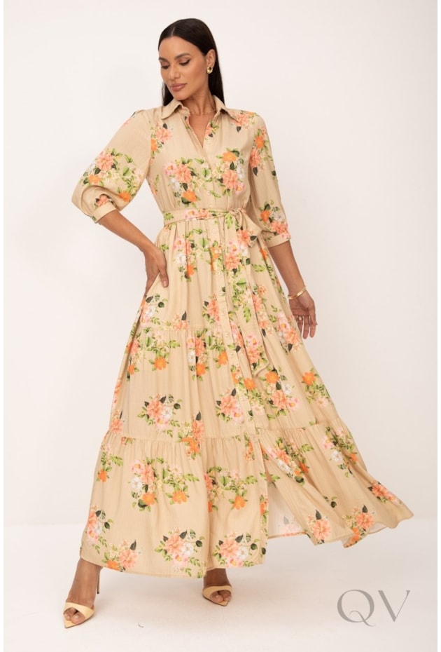 VESTIDO CHEMISE LONGO EM VISCOSE SICILIA OURO FLORAL - LEKAZIS