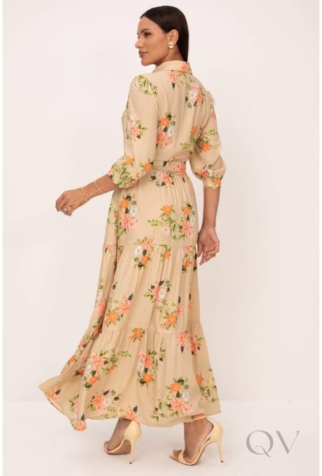 VESTIDO CHEMISE LONGO EM VISCOSE SICILIA OURO FLORAL - LEKAZIS