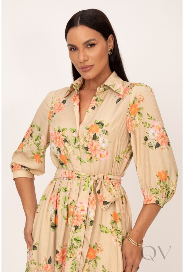 VESTIDO CHEMISE LONGO EM VISCOSE SICILIA OURO FLORAL - LEKAZIS