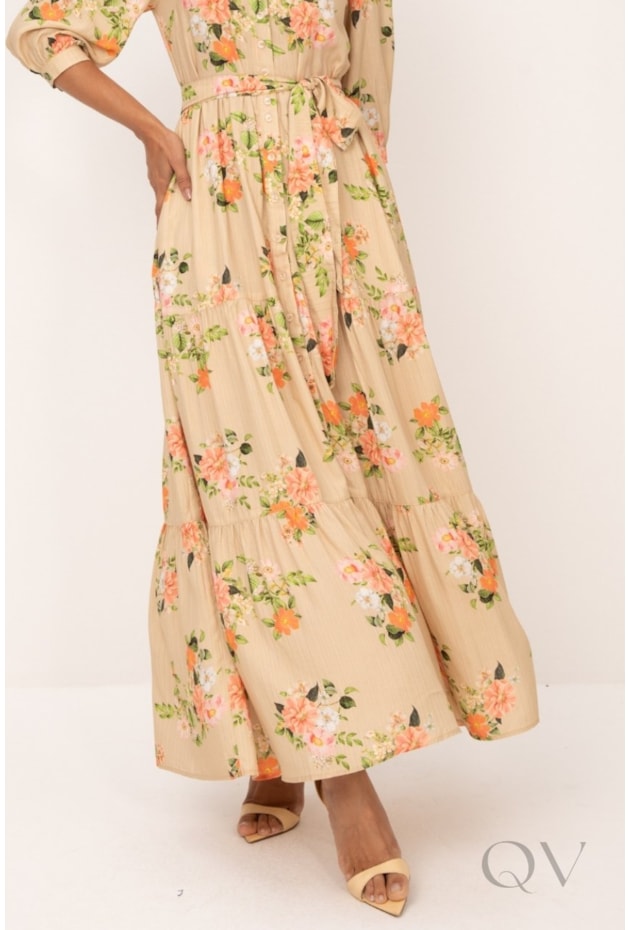 VESTIDO CHEMISE LONGO EM VISCOSE SICILIA OURO FLORAL - LEKAZIS