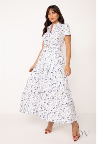 VESTIDO CHEMISE LONGO FLORAL EM TOQUE DE SEDA AZUL - LEKAZIS