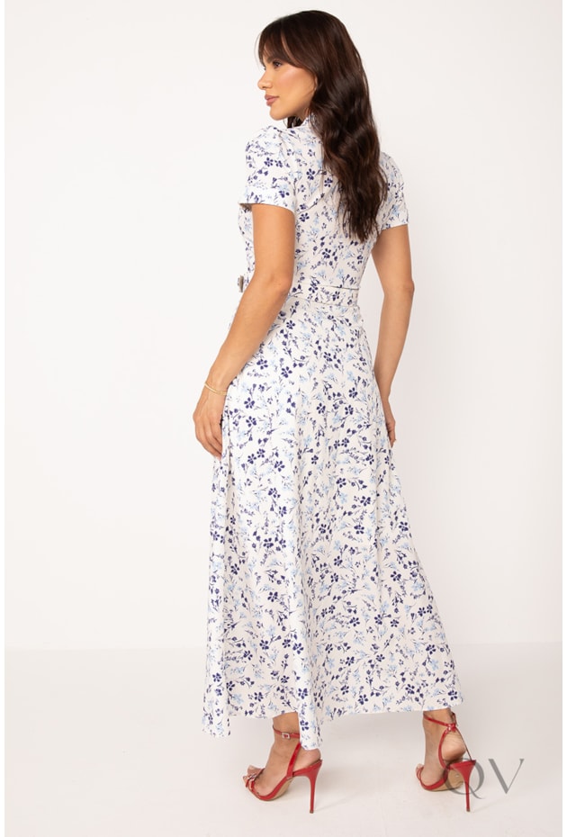 VESTIDO CHEMISE LONGO FLORAL EM TOQUE DE SEDA AZUL - LEKAZIS
