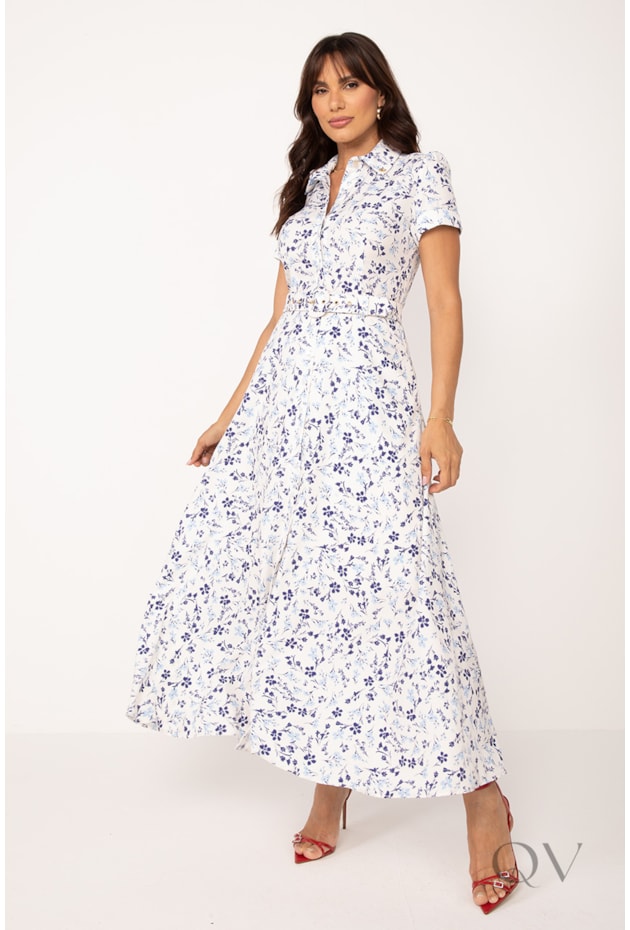 VESTIDO CHEMISE LONGO FLORAL EM TOQUE DE SEDA AZUL - LEKAZIS