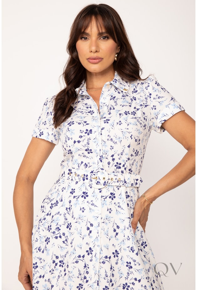VESTIDO CHEMISE LONGO FLORAL EM TOQUE DE SEDA AZUL - LEKAZIS