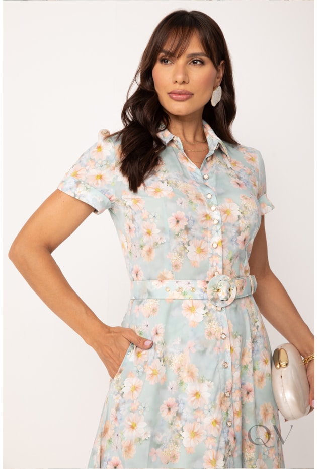 VESTIDO CHEMISE LONGO FLORAL EM TOQUE DE SEDA ROSÊ - LEKAZIS