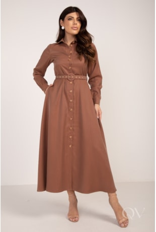 VESTIDO CHEMISE LONGO LISTRADO EM VISCOSE ALFAIATARIA CARAMELO - LEKAZIS