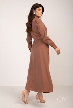 VESTIDO CHEMISE LONGO LISTRADO EM VISCOSE ALFAIATARIA CARAMELO - LEKAZIS