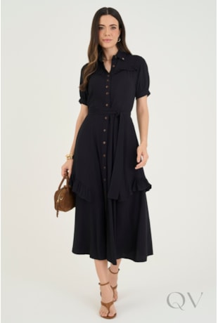 VESTIDO CHEMISE LONGUETE COM BABADO EM GUIPIR PRETO - VIA TOLENTINO