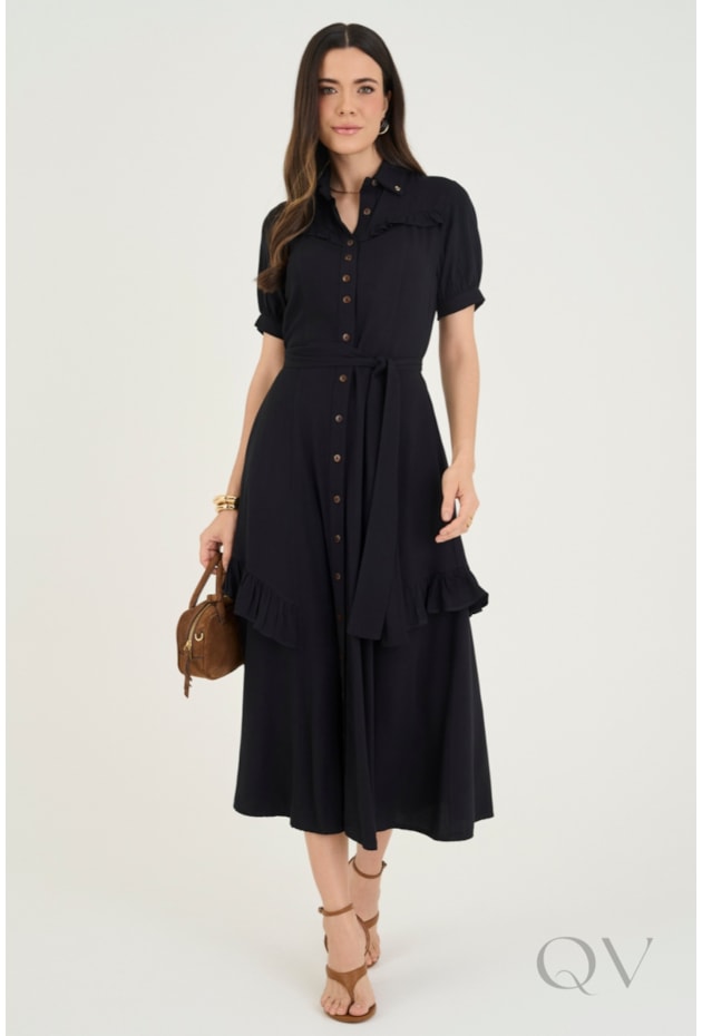 VESTIDO CHEMISE LONGUETE COM BABADO EM GUIPIR PRETO - VIA TOLENTINO