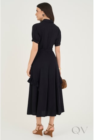 VESTIDO CHEMISE LONGUETE COM BABADO EM GUIPIR PRETO - VIA TOLENTINO