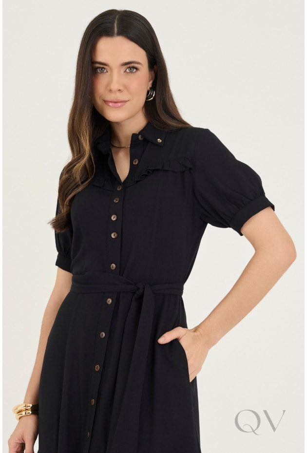 VESTIDO CHEMISE LONGUETE COM BABADO EM GUIPIR PRETO - VIA TOLENTINO