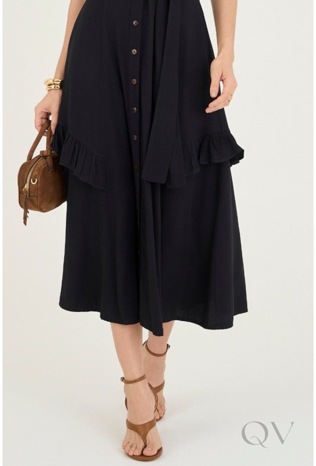 VESTIDO CHEMISE LONGUETE COM BABADO EM GUIPIR PRETO - VIA TOLENTINO